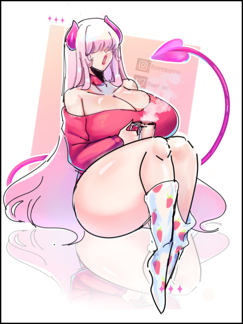 1girls anny_(anny_perez) anny_perez big_breasts breasts cleavage clothing female female_only hair_over_eyes horns light-skinned_female original pink_hair simple_background socks solo succubus tagme tail thick_thighs voluptuous