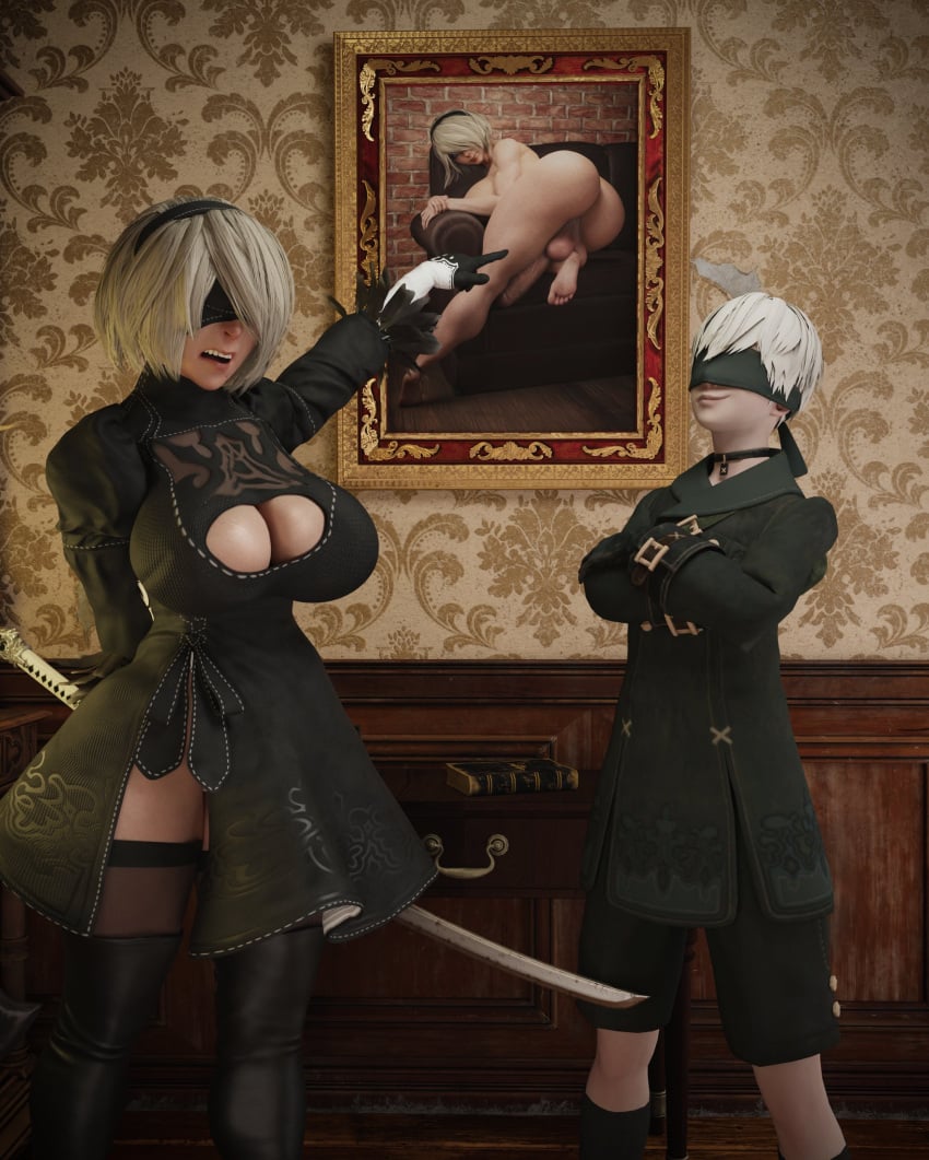 1boy 1futa 1girls 3d ass balls big_ass big_balls big_breasts big_penis blindfold breasts clothed_male couch erect_penis erection female femboy futanari hairband light-skinned_female light-skinned_futanari light-skinned_male light_skin male nier nier:_automata nude nude_futanari painting penis rear_view short_hair stalkek testicles trap white_hair yorha_2b yorha_9s