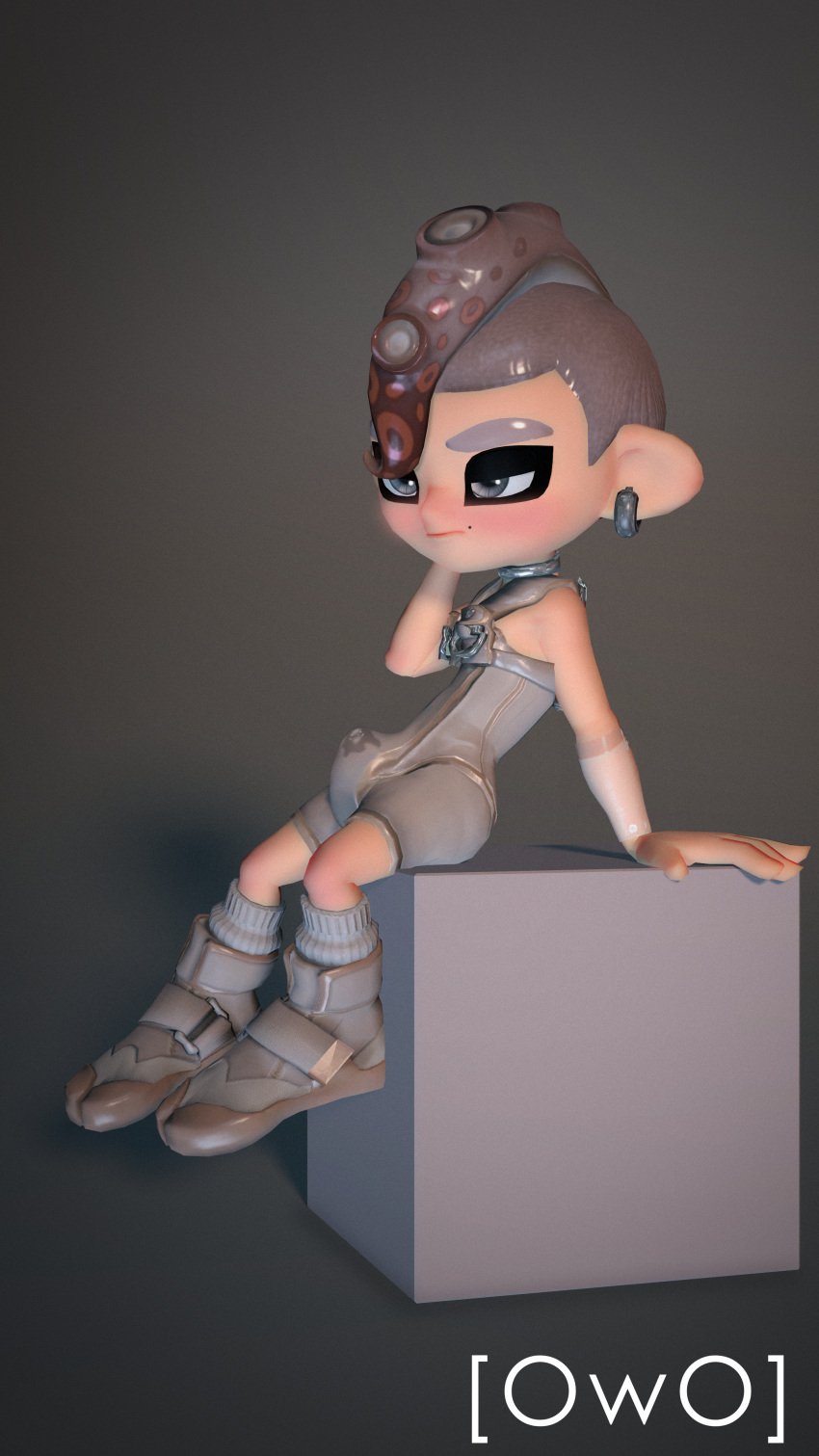 absurd_res agent_8_(side_order) agent_8_(splatoon) blush bodily_fluids bodysuit boots brown_hair bulge clothing ear_piercing ear_ring footwear gay genital_fluids grey_eyes grey_hair hair hi_res humanoid male male_only markings mole_(marking) nintendo octoling_boy owo_sfm piercing precum pseudo_hair ring_piercing shoes simple_background sitting skinsuit socks solo splatoon tentacle tentacle_hair tight_clothing