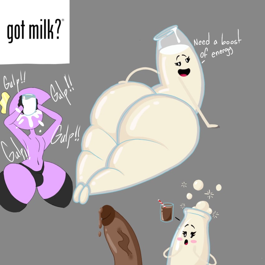 blush bo_(gonnaneedmilk) drinking_milk eyelashes gasp glass_bottle got_milk hand_on_butt japansadface leaking_precum looking_at_penis looking_at_viewer male milk_bottle nippleless presenting_butt scorpios_(japansadface) splashing thick_ass thick_thighs