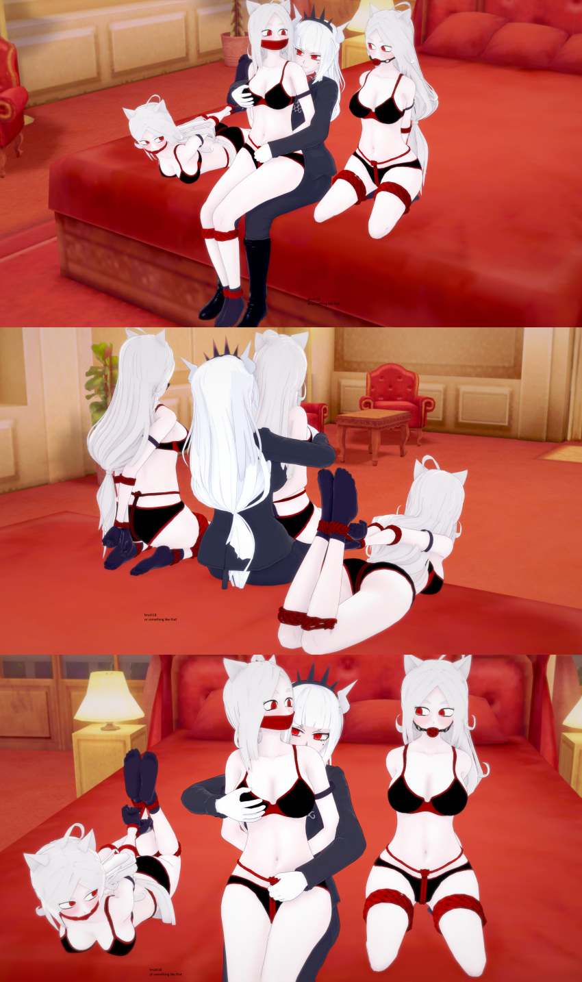 3d 4girls bondage brush18 cerberus_(helltaker) comic demon dog_ears female female_only helltaker horns koikatsu lucifer_(helltaker) red_eyes tagme white_hair yuri