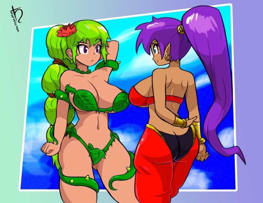 2girls alternate_version_available armwear ass big_breasts blue_eyes bottomwear bracelet breasts cleavage clothing crossover dryad_(terraria) ear_piercing earrings female female_only flower flower_in_hair green_hair hair hair_ornament hand_behind_head harvestman_here huge_breasts leaf_clothing multiple_girls pants pointy_ears ponytail purple_eyes purple_hair shantae shantae_(character) skimpy skimpy_clothes terraria topwear tubetop