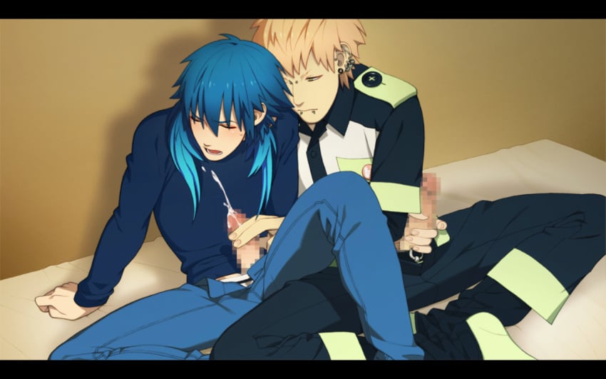 2boys blue_hair blush clothed cum dramatical_murder male_only masturbation noiz_(dramatical_murder) penis piercing seragaki_aoba torao_asada yaoi