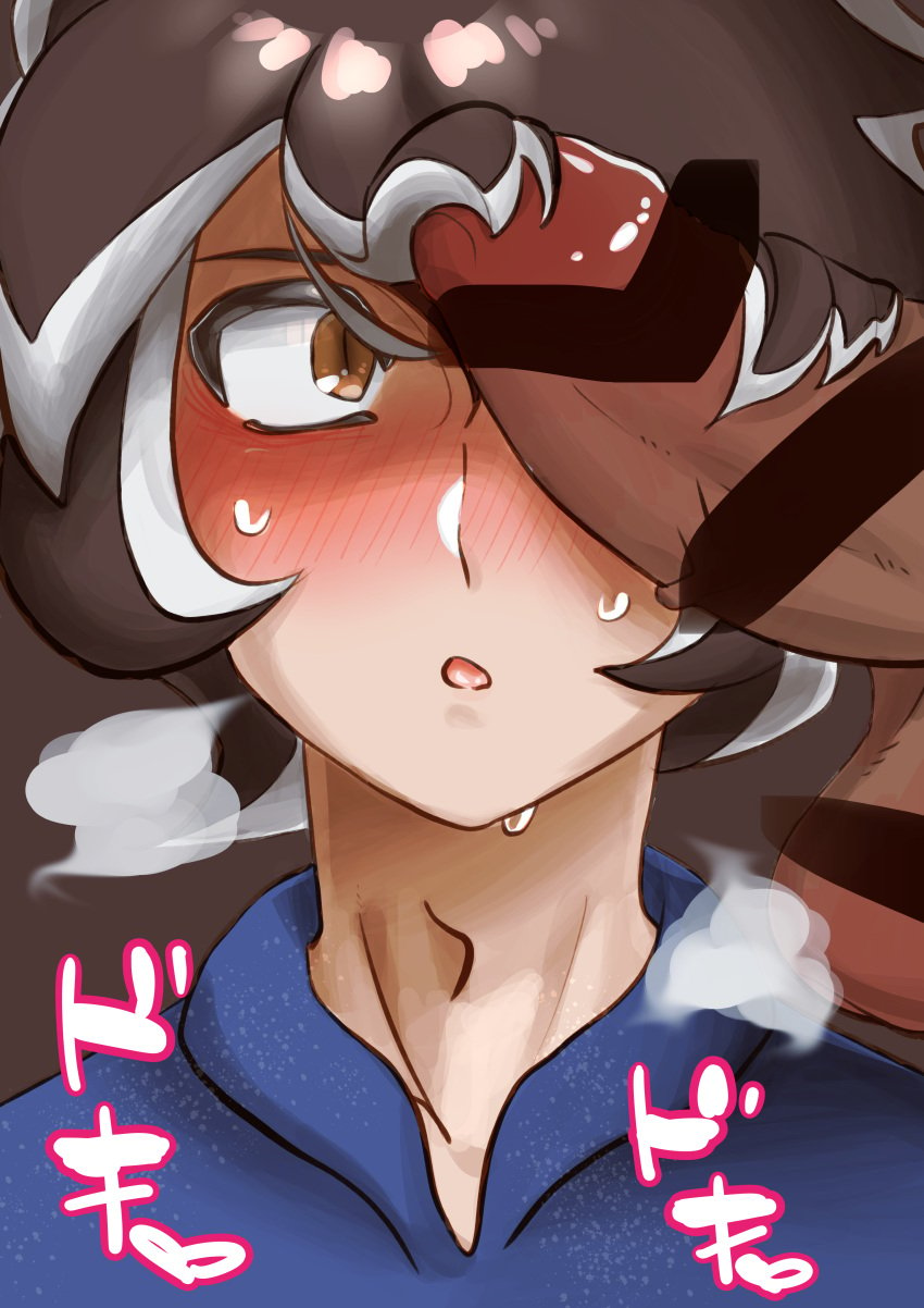 2boys akuta_sōmigidai big_penis black_hair blue_top blush brown_eyes censored cock_shock face_closeup penis penis_awe penis_on_face steam sweat text white_tips yaoi young_cricket_(warioware)