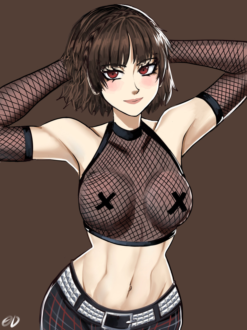 atlus breasts brown_hair chaosoded female female_only looking_at_viewer makoto_niijima persona persona_5 red_eyes solo