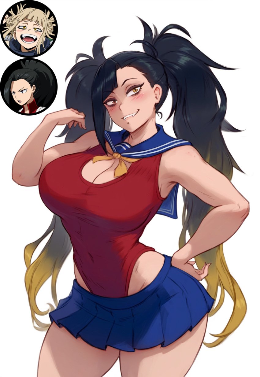 ai_generated big_breasts black_hair blonde_hair cleavage closed_mouth fangs fusion fusion_character gradient_hair himiko_toga huge_breasts krystalizedart long_hair messy_hair momo_yaoyorozu my_hero_academia school_uniform slit_pupils thick_thighs twintails very_long_hair white_background