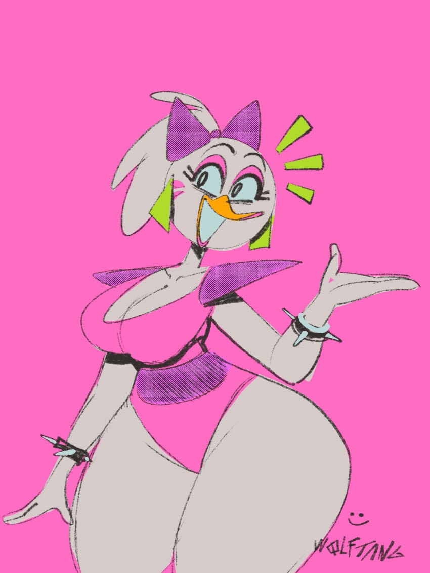 artist_name big_breasts breasts chicken curvy_body curvy_female curvy_figure curvy_girl earrings female female_focus female_only five_nights_at_freddy's five_nights_at_freddy's:_security_breach glamrock_chica_(fnaf) pink_background purple_ribbon scottgames simple_background smile smiling smiling_at_viewer spiked_bracelet steel_wool_studios thick_thighs thighs white_body white_hair wide_hips wolftang