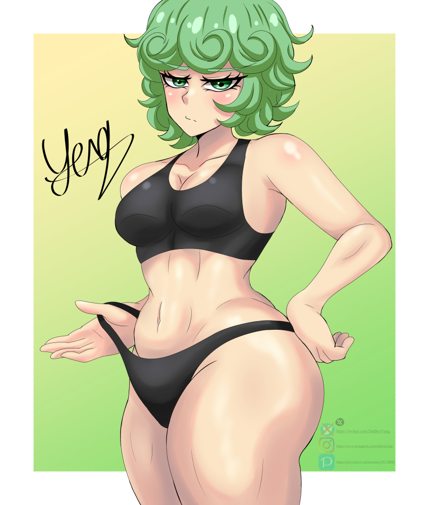 1girls bottomwear breasts clothing datboiyeng female female_only green_eyes green_hair hair hand_on_hip hips medium_breasts one-punch_man short_hair solo solo_female sports_bra sports_uniform sportswear tatsumaki thick_thighs thighs topwear