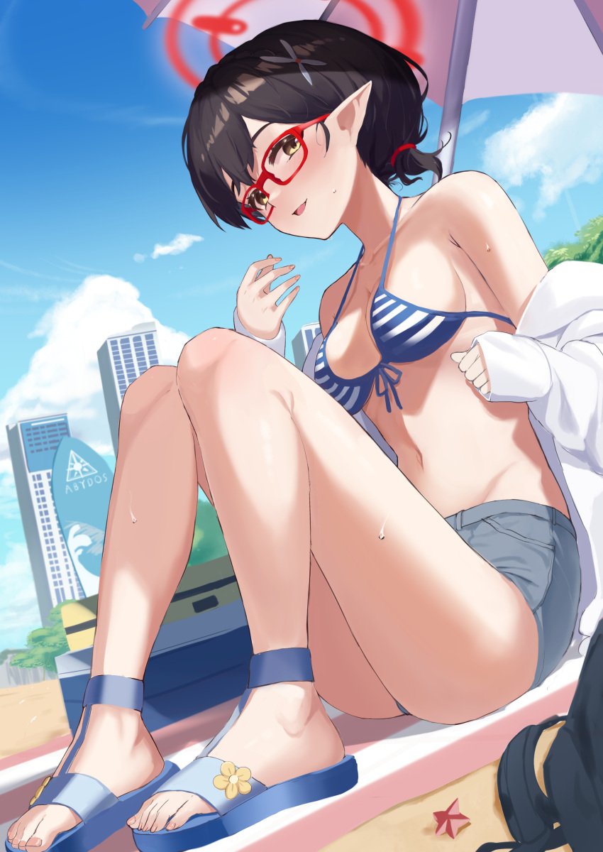 1girls absurd_res absurdres abydos_high_school_student armpits ayane_(blue_archive) ayane_(swimsuit)_(blue_archive) bare_belly bare_legs bare_midriff bare_shoulders bare_skin bare_thighs beach belly belly_button bikini bikini_top black_hair black_hair_female blue_archive blue_bikini blue_bikini_top blue_sandals blue_sky blue_string_bikini blue_swimsuit blue_swimwear blush blushing_female breasts cleavage coast collarbone dot_nose feet female female_focus female_only fingernails fingers foreclosure_task_force_(blue_archive) full_body halo high_resolution highres jacket jean_shorts knees legs light-skinned_female light_skin looking_at_viewer medium_breasts naked naked_female navel nude nude_female off_shoulder sand sandals short_hair shorts shoulders sideboob sitting sky slender_body slender_waist slim_girl slim_waist small_breasts smile smiling smiling_at_viewer solo stone_(ksorede) string_bikini striped_bikini striped_bikini_top sweat sweatdrop sweating swimsuit swimwear thighs thin_waist tied_hair toes underboob v-line white_jacket yellow_eyes yellow_eyes_female