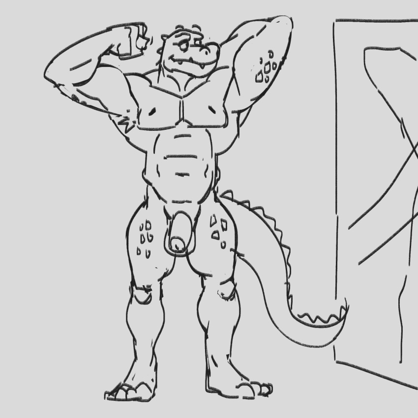 abs anthro balls barefoot biceps blush casual_nudity crocodile crocodilian crocodylid feet foreskin genericboxhead genitals hi_res humanoid_genitalia humanoid_hands humanoid_penis male muscular muscular_anthro muscular_male navel nipples nude penis reptile scales scalie solo toes