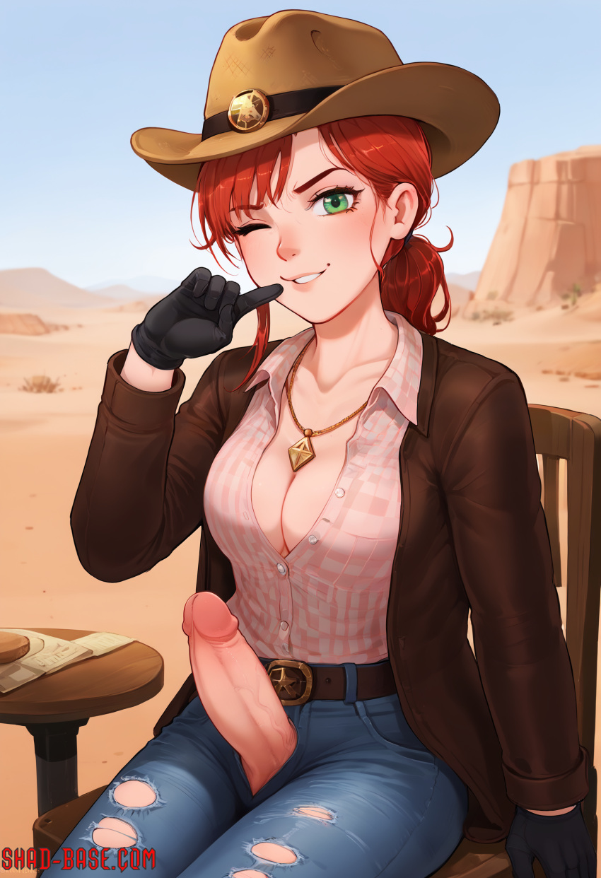 1futa ai_generated dessert fallout fallout_new_vegas female futanari green_eyes jeans necklace necklace_between_breasts pinup red_hair redhead ripped_pants rose_of_sharon_cassidy shadchamp shadman_homage solo watermark