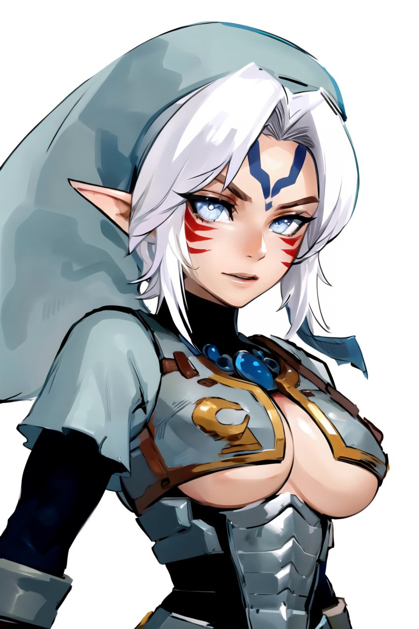 1girls adult_link ai_generated bikini_armor elf_ears facial_markings female female_focus female_only fierce_deity fierce_deity_armor fierce_deity_link genderswap_(mtf) hylian hylian_ears legendaer link looking_at_viewer majora's_mask medium_breasts pale pale-skinned_female pale_eyes pale_skin pointy_ears pupilless_eyes rule_63 tagme the_legend_of_zelda the_legend_of_zelda:_majora's_mask underboob white_hair