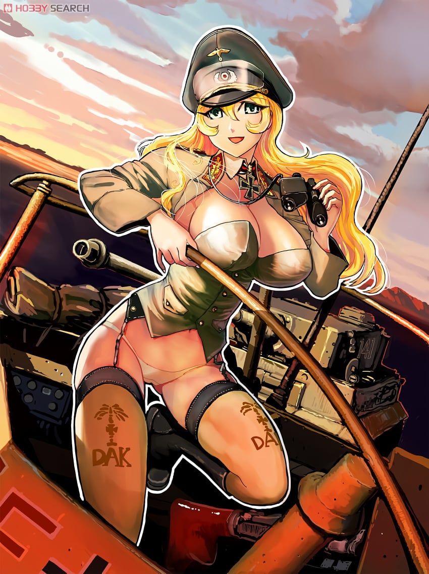 anime_style artist_request binoculars blonde_hair board_game boob_window boots cameltoe card_game corset cover_art erwin_rommel game_cg garter_belt garter_straps general german grey_eyes history huge_breasts long_hair mature_female medal milf military military_hat military_jacket military_uniform military_vehicle panties pussy_outline real_person rule_63 tank thick_thighs thighhighs white_panties world_war_2 ww2