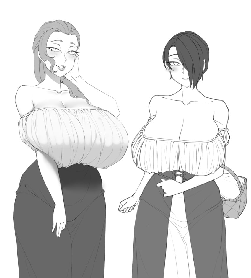 2girls ayako_(twrlare) bakunyuu basket beauty_mark black_hair braid cleavage collarbone dress enormous_breasts hair_over_one_eye huge_breasts low_cut_top milf mother_and_daughter oc original original_character saya_(twrlare) smile solo twrlare voluptuous_female white_background