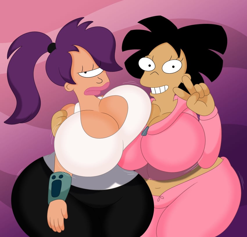 20th_century_fox 20th_century_studios 2d 3barts amy_wong big_breasts breast_press female female_only full_color fully_clothed futurama no_penetration peace_sign turanga_leela wide_hips