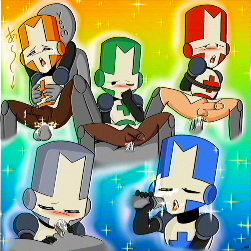 1990s_(style) big_head blowjob blue_knight castle_crashers cum_in_mouth cum_on_face cumshot gay green_knight grey_knight_(castle_crashers) japanese_text kokoro_hatsaru male_only newgrounds orange_knight red_knight_(castle_crashers) retro_artstyle sparkles toony vhs_filter yaoi