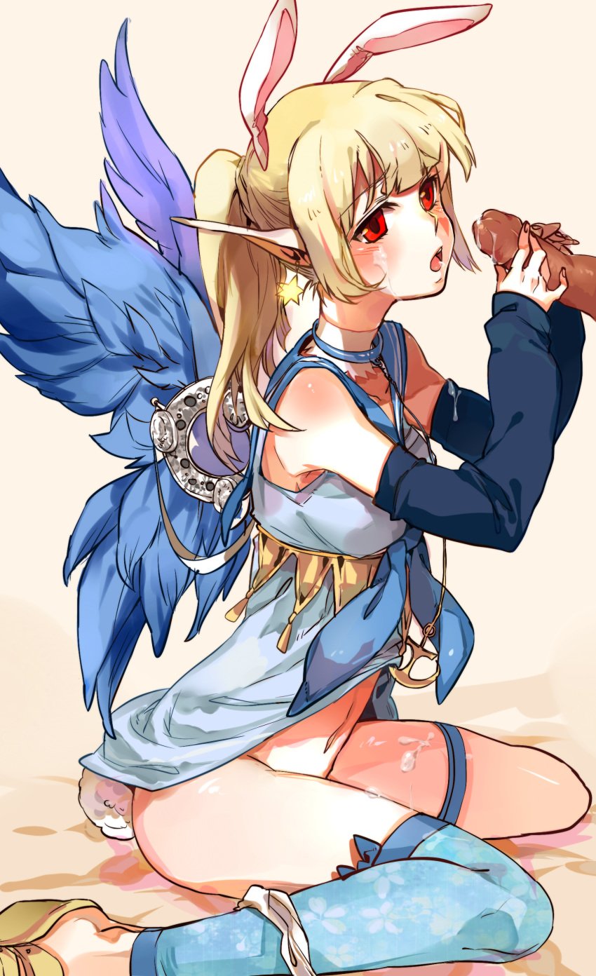 animal_ear bare_shoulders blonde_hair blush bottomless bunny_ear bunny_tail cum cum_on_body cum_on_clothes cum_on_lower_body dragon_nest earrings facial high_resolution holding jewelry kneeling long_hair navel no_panties panties panties_around_leg panties_around_one_leg penis pointy_ears red_eyes single_thighhigh tail thighhighs tow0 underwear wings