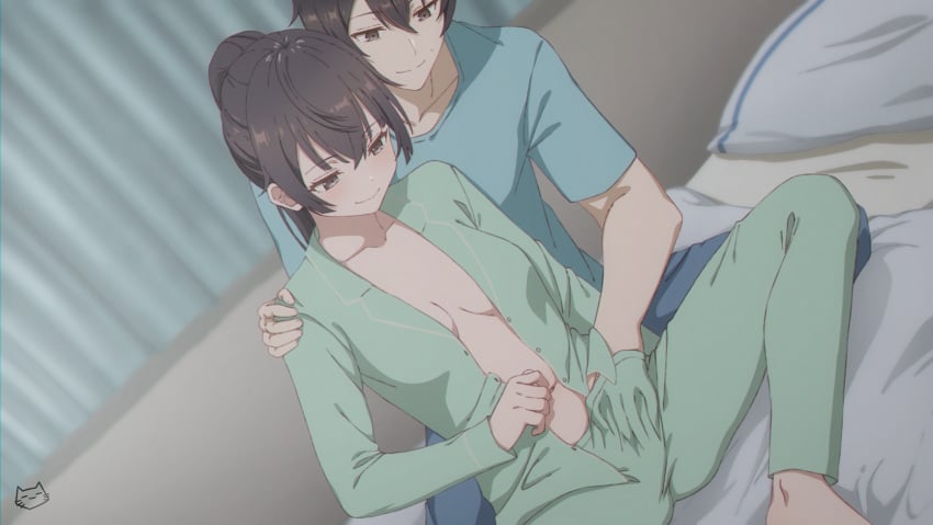 1boy 1girls artist_logo barefoot bed bedroom blue_shirt breasts brother_and_sister commentary dutch_angle english_commentary female fingering green_pajamas hand_in_another's_pants high_ponytail highres incest indoors keihh kuze_masachika looking_down medium_breasts on_bed open_pajamas paid_reward_available pajamas pillow ponytail shirt short_sleeves siblings smile spread_legs straight suou_yuki tokidoki_bosotto_russian_de_dereru_tonari_no_alya-san