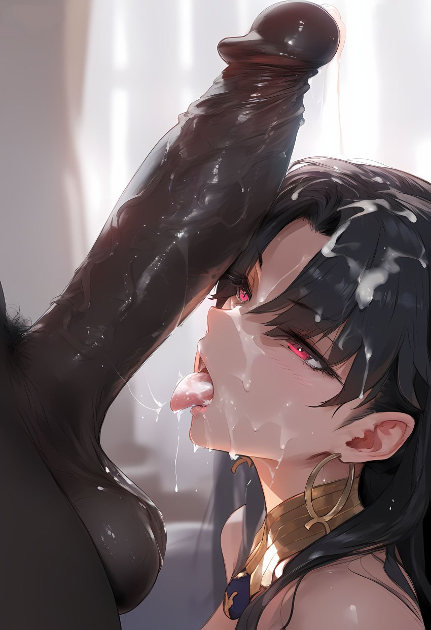 1boy 1girls accessory ai_generated bare_shoulders big_balls big_penis black_hair blowjob crown dark-skinned_male dripping_wet earrings exposed_shoulders eyelashes eyes_rolling_back fate/grand_order fate_(series) female ishtar_(fate) ishtar_(fate/grand_order) licking_balls lipstick looking_pleasured male mirham neckwear penis red_eyes ribbons saliva_string saliva_trail sucking sucking_penis twintails wet