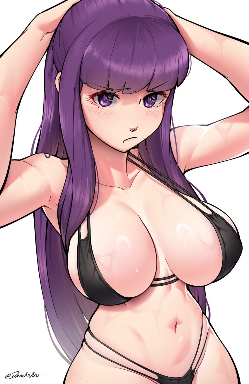 1girls bikini breasts dracksart female female_only fern_(sousou_no_frieren) high_resolution large_breasts looking_at_viewer pout purple_eyes purple_hair solo sousou_no_frieren swimsuit very_high_resolution white_background