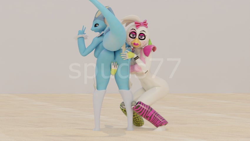 3d 3d_(artwork) anthro anthro_on_anthro blue_skin chica_(fnaf) clothed crouching crouching_female fingering five_nights_at_freddy's five_nights_at_freddy's:_security_breach furry gesture glamrock_chica_(fnaf) hand_on_ass humanoid looking_at_viewer looking_back_at_viewer makeup medium_ass medium_breasts partially_clothed peace_sign pokemon robot_girl spuds77 tagme vaginal_penetration vaporeon vaporunny white_skin
