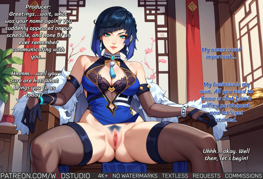 ai_generated bangs bare_shoulders black_hair black_thighhighs blue_dress blue_hair bob_cut bracelet breasts chair cleavage cleavage_cutout clothing clothing_cutout diagonal_bangs dice dress earrings elbow_gloves english_language english_text female female female_only female_pubic_hair fur_trim genshin_impact gloves green_eyes indoors jewelry large_breasts long_hair looking_at_viewer mole mole_on_breast multicolored_hair navel_cutout nipples pelvic_curtain plant potted_plant pubic_hair short_hair sitting sleeveless smile solo spread_legs tassel text thighhighs thighs uncensored vagina vase wodstudio yelan_(genshin_impact)