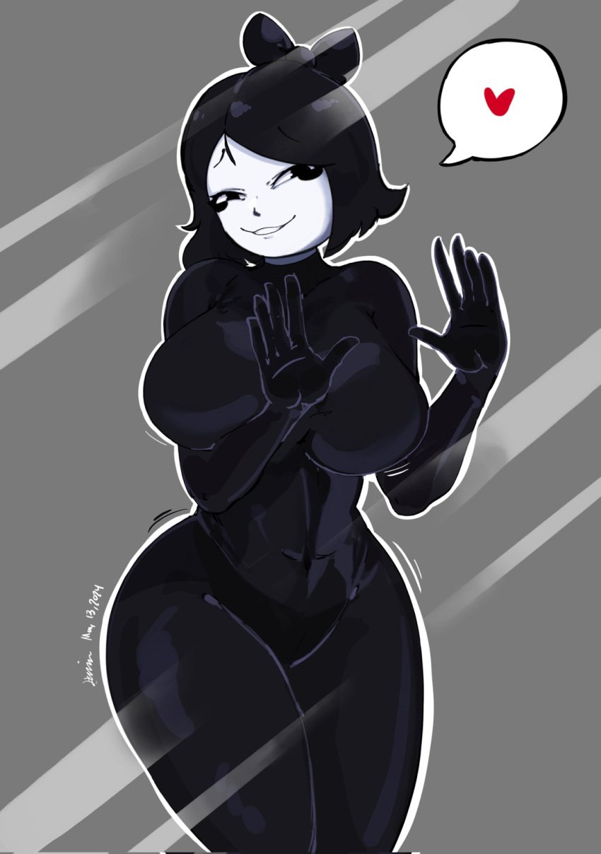 1girls against_glass black_hair black_outfit bodysuit disillusion_st esme_(disillusion_st) facing_viewer female large_breasts mime shaking shavin65 smile thick_thighs