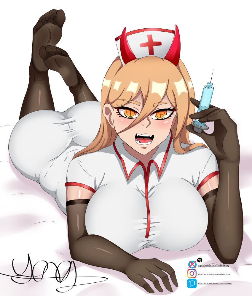 1girls armwear ass big_ass big_breasts black_gloves blonde_hair breasts chainsaw_man clothing datboiyeng demon demon_girl demon_horns elbow_gloves fangs feet feet_up female female_only gloves hair hat headwear horns huge_breasts long_hair nurse nurse_cap nurse_clothing nurse_hat nurse_uniform on_stomach orange_eyes power_(chainsaw_man) solo solo_female syringe