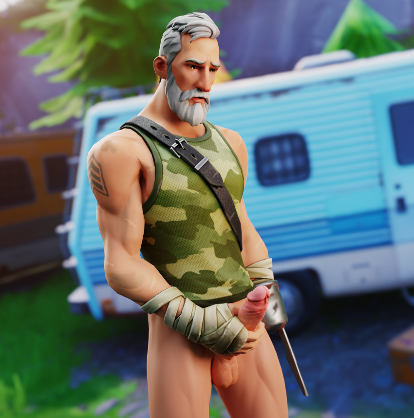 1boy beard bottomless fortnite male_focus male_only masturbation mrguild muscular old_man oswald outdoors penis solo tagme tattoo