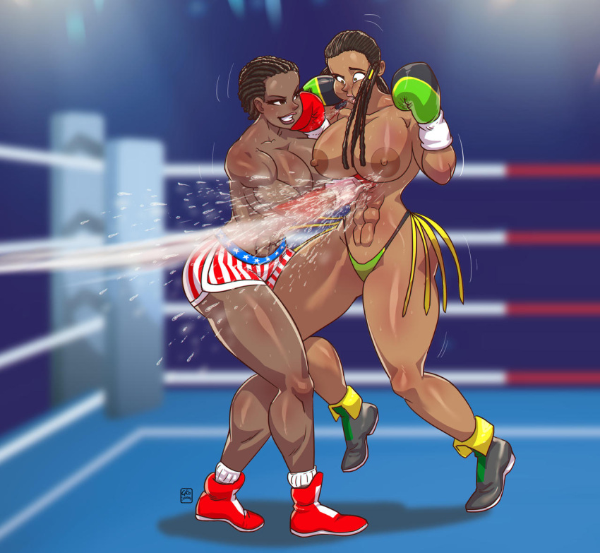 2girls american_flag_shorts ass big_ass big_breasts boxing boxing_gloves boxing_ring breasts brown-skinned_female brown_body brown_skin bust busty catfight chest curvaceous curvy curvy_figure dark-skinned_female dark_skin digital_media_(artwork) duo female female_focus female_only fight fighting_ring gabocaricaturas gloves hips hourglass_figure huge_ass huge_breasts human large_ass large_breasts legs mature mature_female multiple_girls original original_character original_characters red_boxing_gloves red_gloves slim_waist thick thick_hips thick_legs thick_thighs thighs topless topless_boxing voluptuous waist wide_hips