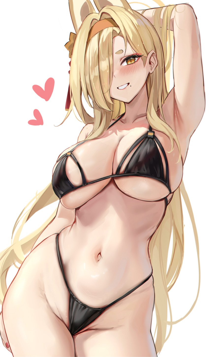 1girls absurd_res absurdres adult animal_ears arm_behind_back armpits bare_arms bare_belly bare_legs bare_midriff bare_shoulders bare_skin bare_thighs belly belly_button black_bra black_panties black_underwear blonde_female blonde_hair blonde_hair_female blue_archive blush blush_lines blushing_female bra breasts cleavage collarbone dot_nose elbows female female_focus female_only fingernails fingers groin hairband halo hand_behind_head head_tilt heart high_resolution highres hourglass_figure kaho_(blue_archive) large_breasts light-skinned_female light_skin lips long_hair looking_at_viewer mole mole_under_mouth naked naked_female navel nude nude_female panties parted_bangs pink_nail_polish pink_nails pussy shoulders sideboob simple_background slender_body slender_waist slim_girl slim_waist smile smiling smiling_at_viewer solo standing stone_(ksorede) thick_thighs thighs thin_waist tilted_head underboob underwear upper_body v-line white_background wide_hips yellow_eyes yellow_eyes_female