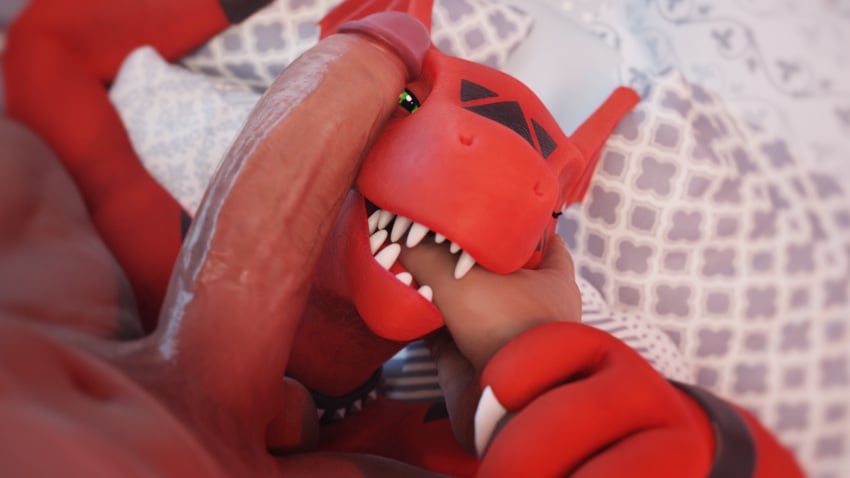 16:9 3d_(artwork) anthro bandai_namco blender_cycles digimon digimon_(species) digital_media_(artwork) duo female finger_in_mouth genitals guilmon hi_res human human_on_anthro interspecies male male/female male_human/female_anthro mammal penis penis_on_face peresvet_(artist) widescreen