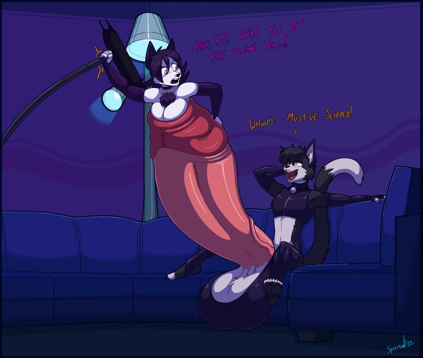 1boy1girl 2022 2d 2d_(artwork) 4_toes annoyed annoyed_expression anthro armwear artist_name artist_signature balls bell big_balls big_breasts big_penis biped black_fur breasts cat_tail cel_shading clothing cock_vore collar commission commission_art couch detailed detailed_background dialog dialogue digital_drawing_(artwork) digital_media_(artwork) dominant_male duo duo_focus english english_text eyebrows feline female filming fox fur fur_tuft furry furry_only hand_on_penis hi_res highres huge_balls huge_cock humanoid_genitalia humanoid_penis hyper hyper_balls hyper_penis lamp latex latex_armwear latex_clothing latex_legwear latex_suit legwear male male/female male_focus male_pred marcel_jacquin_(cornchip21) microphone motion_lines nude open_mouth original_character penis predator/prey sequence sitting sitting_on_couch size_difference skimpy skimpy_clothes spazman tail talking talking_to_another teeth tongue unwilling_prey urethral_penetration vein vera_wright(spazman) vore white_fur