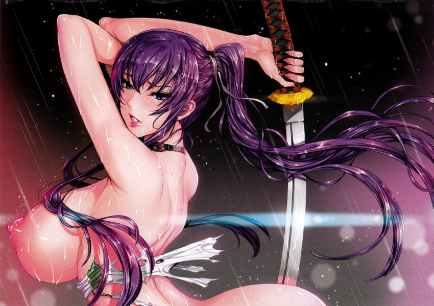 arms_raised bangs big_ass big_breasts blue_eyes blush breasts charging choker collar completely_nude cropped_image curvy dark_sky eyebrows eyelashes fei_(maidoll) female fit_female gradient_background hair_over_breasts highschool_of_the_dead hourglass_figure huge_breasts katana light-skinned_female long_hair looking_away mostly_nude muscular_back nipples nude nude_female pink_lips pink_nipples pinup ponytail purple_hair rain raining saeko_busujima shaved_armpit sideboob solo spots stripped stripped_naked sword tied_hair torn_clothes very_long_hair weapon