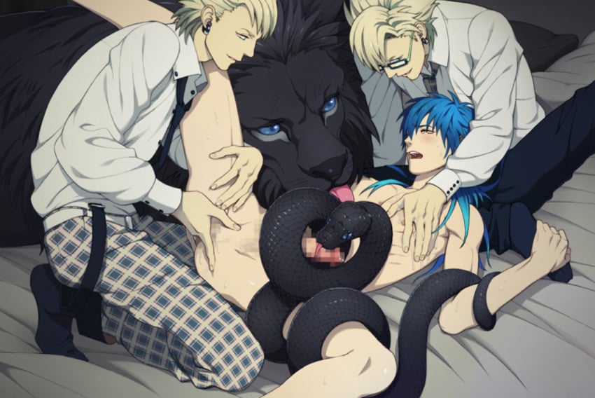 3boys anal_fingering animal bl_game blonde_hair blue_hair clothed_male_nude_male clothed_on_nude dramatical_murder fingering gay glasses group_sex lion male multiple_boys nitro+_chiral plaid_pants seragaki_aoba snake snake_bondage spread_legs suspenders tentacle_on_male threesome torao_asada trip_(dramatical_murder) virus_(dramatical_murder) yaoi zoophilia