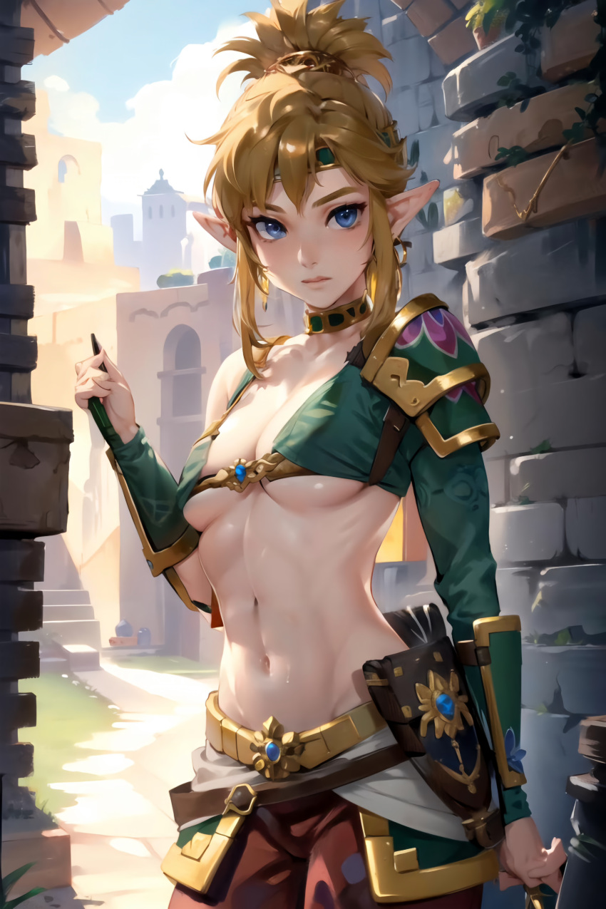 1girls adult_link ai_generated bikini_armor blonde_female blonde_hair blonde_hair_blue_eyes blonde_hair_female blue_eyes breath_of_the_wild desert_voe_link desert_voe_set elf_ears female female_focus female_only genderswap_(mtf) hylian hylian_ears legendaer link link_(breath_of_the_wild) looking_at_viewer medium_breasts pale pale-skinned_female pale_skin pointy_ears rule_63 short_hair tagme the_legend_of_zelda the_legend_of_zelda:_breath_of_the_wild underboob veil