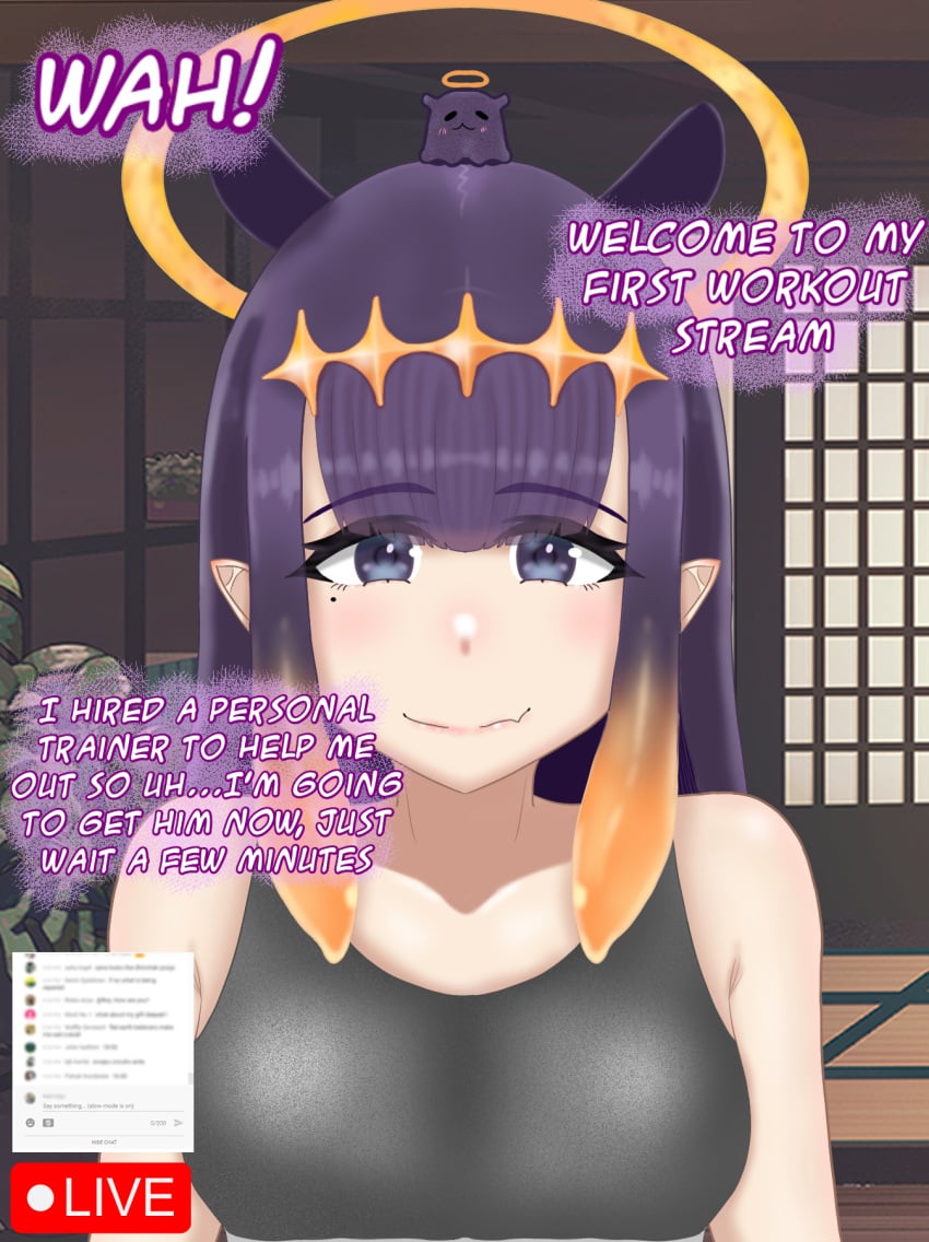 1girls bangs bangs_between_eyes bare_shoulders blue_eyes blunt_bangs chat chat_log collarbone comments default_skin diamond_hairband eddarxart english_text exercise exercising eyebrows eyelashes eyes_visible_through_hair facing_viewer fan_mascot_(vtuber) female gradient_hair hairband halo hololive hololive_english hololive_myth japanese_house livestream livestreaming long_hair mole mole_under_eye multicolored_hair ninomae_ina'nis pointy_ears preparing purple_hair sidelocks small_breasts smile smiling solo_focus sports_bra sportswear streaming takodachi takodachi_(ninomae_ina'nis) talking_to_viewer tentacle_hair tiara training_bra virtual_youtuber vtuber youtube