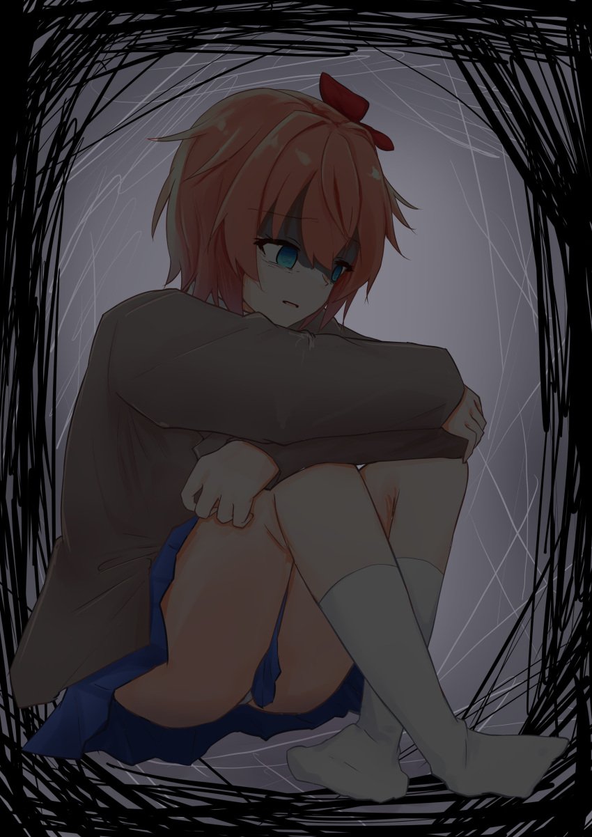 1female 1girls blue_eyes blue_skirt bow clothed clothes clothing doki_doki_literature_club female female_focus female_only girl hair_bow hairbow just_sayori panties panty_peek red_bow red_hair_bow red_hairbow sad sad_female sayori_(doki_doki_literature_club) skirt socks solo solo_female solo_focus strawberry_blonde_hair tanato7010 white_socks