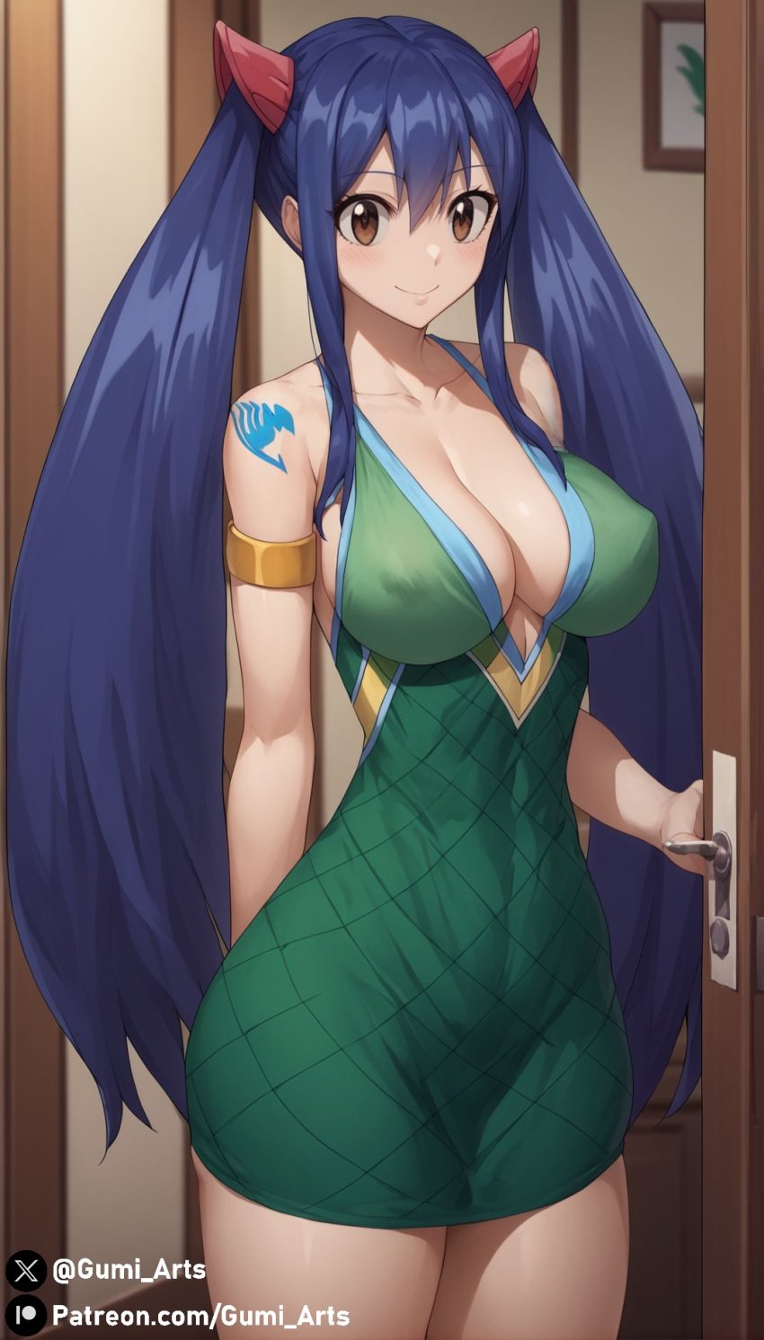 1girls aged_up ai_generated alternate_breast_size blue_hair blush brown_eyes cleavage collarbone covered_nipples dress fairy_tail female female_only gumi_arts hair_ornament large_breasts long_hair opening_door short_dress smile solo stable_diffusion tattoo thick_thighs twintails very_long_hair wendy_marvell