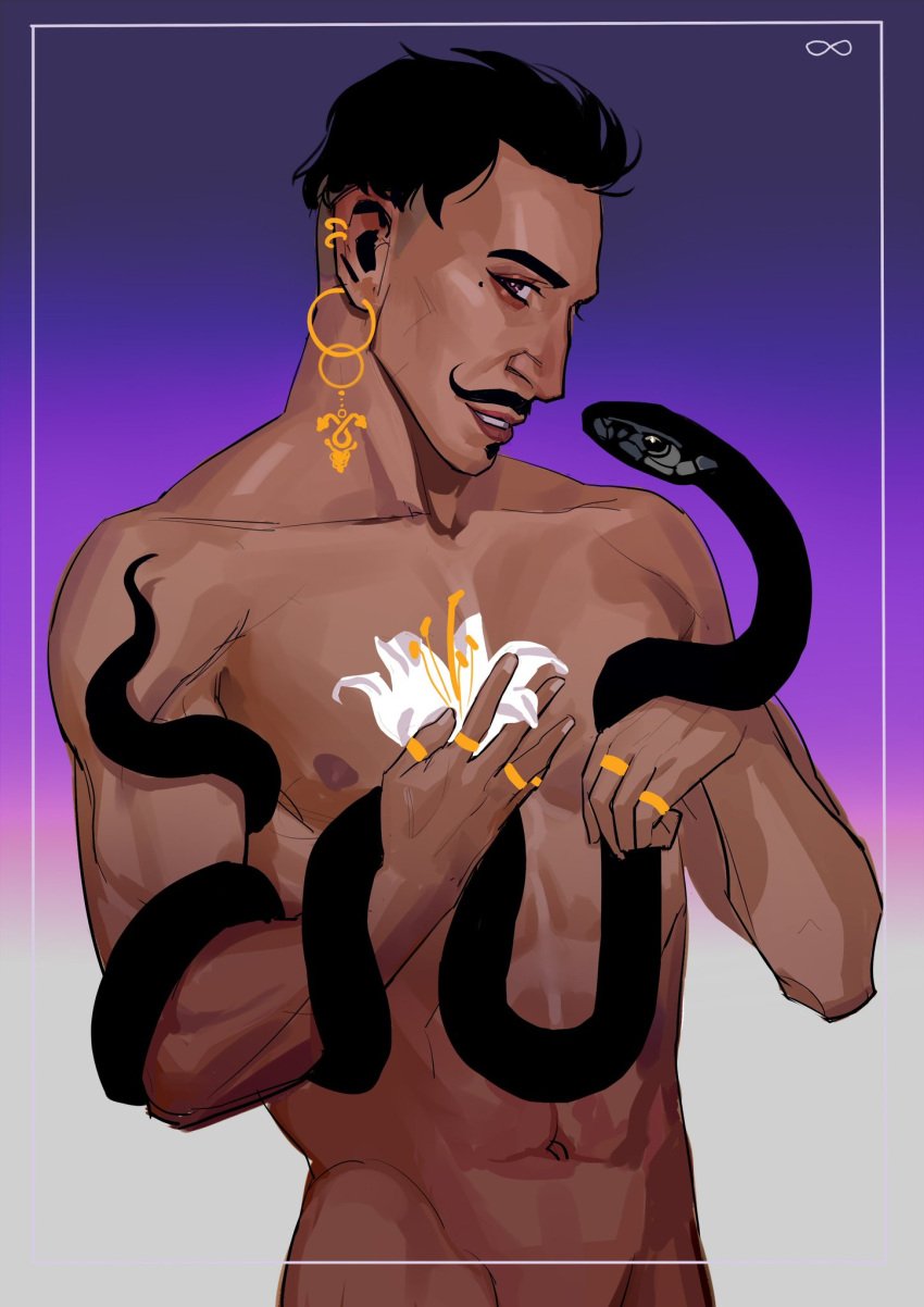 1boy abs bara beauty_mark biceps black_hair dark-skinned_male dark_hair dark_skin dorian_pavus dragon_age dragon_age_inquisition earrings facial_hair flower gay_male holding_snake human jewelry josh_lanceero looking_at_viewer mage male male_only mole moustache muscles muscular muscular_male nipples pecs ring rings shirtless shirtless_male smile smiling snake snake_ornament solo solo_male standing standing_position video_games