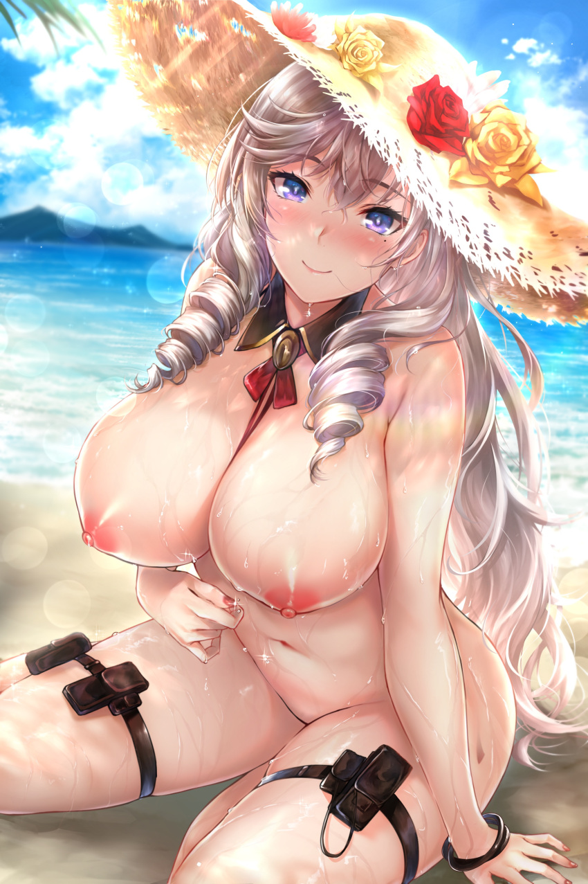 1girls algerie_(azur_lane) algerie_(white_sand_paradise)_(azur_lane) areolae azur_lane beach breasts completely_nude female female_only huge_breasts light-skinned_female light_skin looking_at_viewer navel nipples outdoors rei_kun solo sun_hat very_long_hair vichya_dominion_(azur_lane)