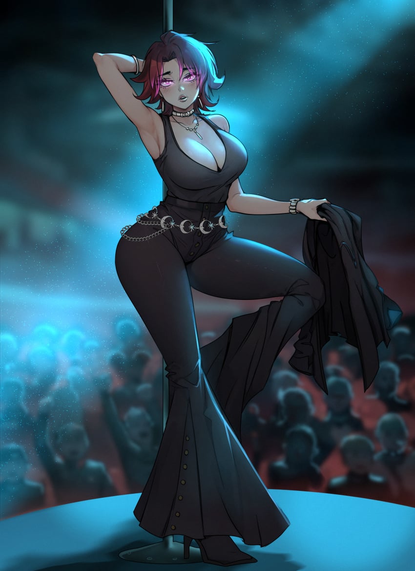 bell_bottoms_(pants) breasts dollification glowing_eyes hypnosis opcrom pole_dancing short_hair stage stage_lights