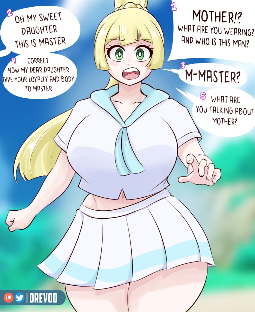 1girls breasts drevod english_text female female_only high_resolution large_breasts light-skinned_female light_skin lillie_(pokemon) looking_at_viewer midriff nintendo patreon_logo patreon_username pokemon skirt solo text thighs very_high_resolution