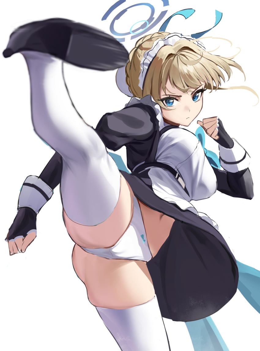 1girls absurd_res absurdres bare_thighs black_shoes blonde_female blonde_hair blonde_hair_female blue_archive blue_eyes blue_eyes_female breasts dot_nose female female_focus female_only fingers groin halo head_tilt high_resolution highres kicking knees legs light-skinned_female light_skin maid maid_apron maid_headdress maid_uniform medium_breasts panties pussy shoes sideboob simple_background slender_body slender_waist slim_waist solo standing stone_(ksorede) thick_thighs thighhighs thighs thin_waist tilted_head toki_(blue_archive) underboob underwear white_background white_thighhighs