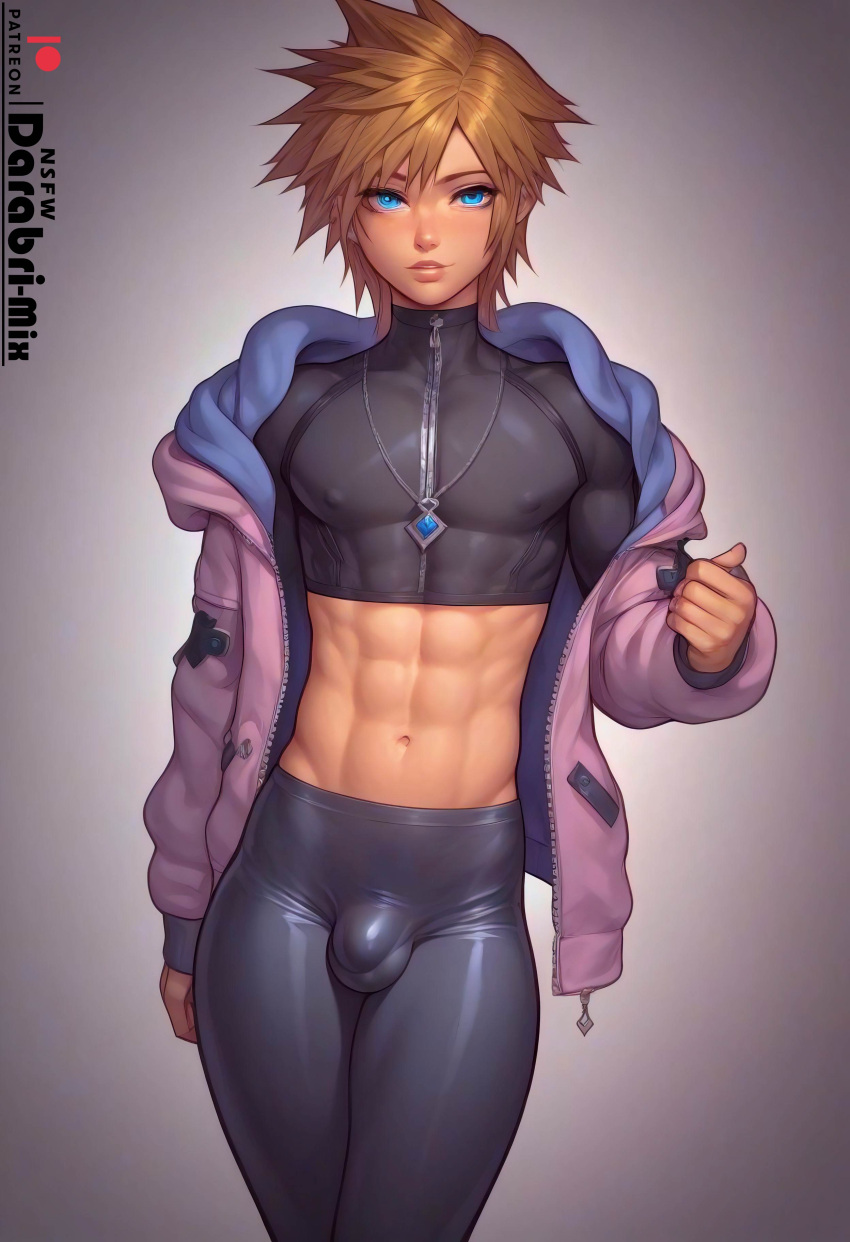 1boy abs ai_generated blue_eyes bulge crop_top cute darabri-mix femboy feminine feminine_body feminine_faced_male feminine_male flat_chest flushed girly jacket kingdom_hearts lips male male_focus male_only medium_hair midriff midriff_showing midriff_top necklace otoko_no_ko oversized_jacket patreon patreon_logo penis penis_bulge sora sora_(kingdom_hearts) spiky_hair tight_clothes tight_clothing tight_pants trap