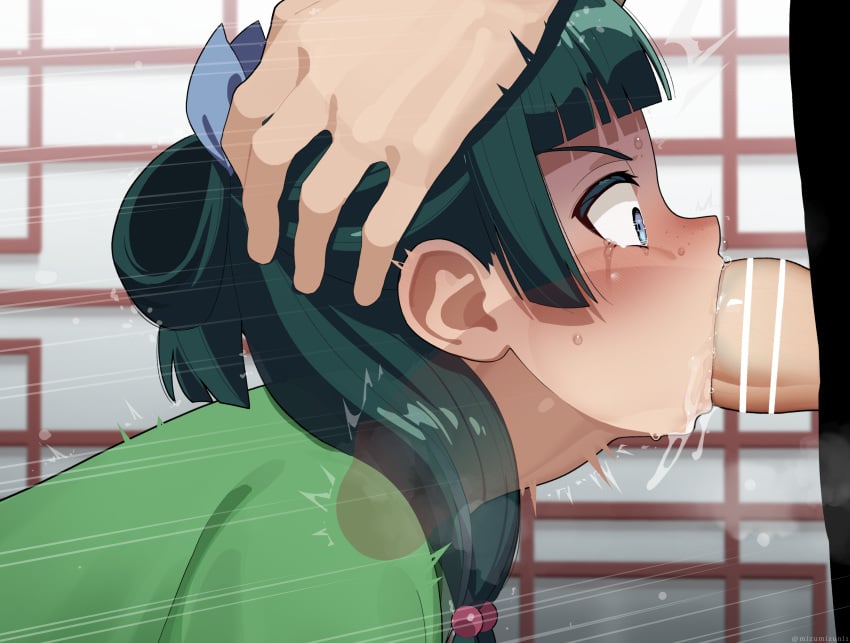 1boy absurdres bar_censor blue_eyes blush censored commentary_request fellatio female forced forced_oral freckles green_hair hands_on_another's_head has_uncensored_version highres irrumatio kusuriya_no_hitorigoto maomao_(kusuriya_no_hitorigoto) mizumizuni oral penis profile solo_focus upper_body