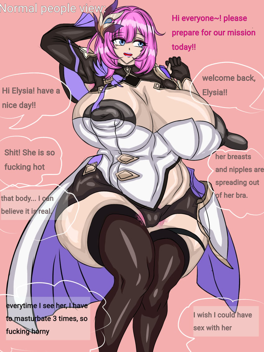 big_breasts big_nipples cinthya!!(r18) curvy elysia_(honkai_impact) elysia_(miss_pink_elf)_(honkai_impact) english_text honkai_(series) honkai_impact honkai_impact_3rd huge_breasts large_breasts pink_hair plump thick_thighs thighhighs