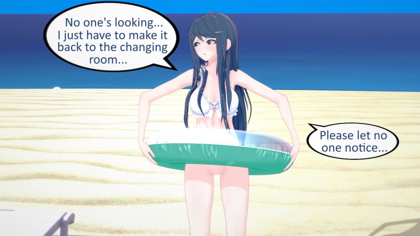 1girls 3d beach blush bottomless danganronpa embarrassed_nude_female enf enf_trying_to_avoid_being_caught female innertube koikatsu maizono_sayaka pussy tagme ultimateenf