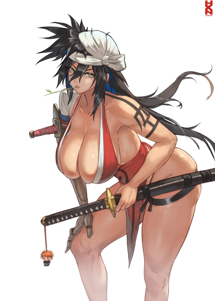 1girls black_hair bleach breasts cleavage howxen kukaku_shiba large_breasts weapon