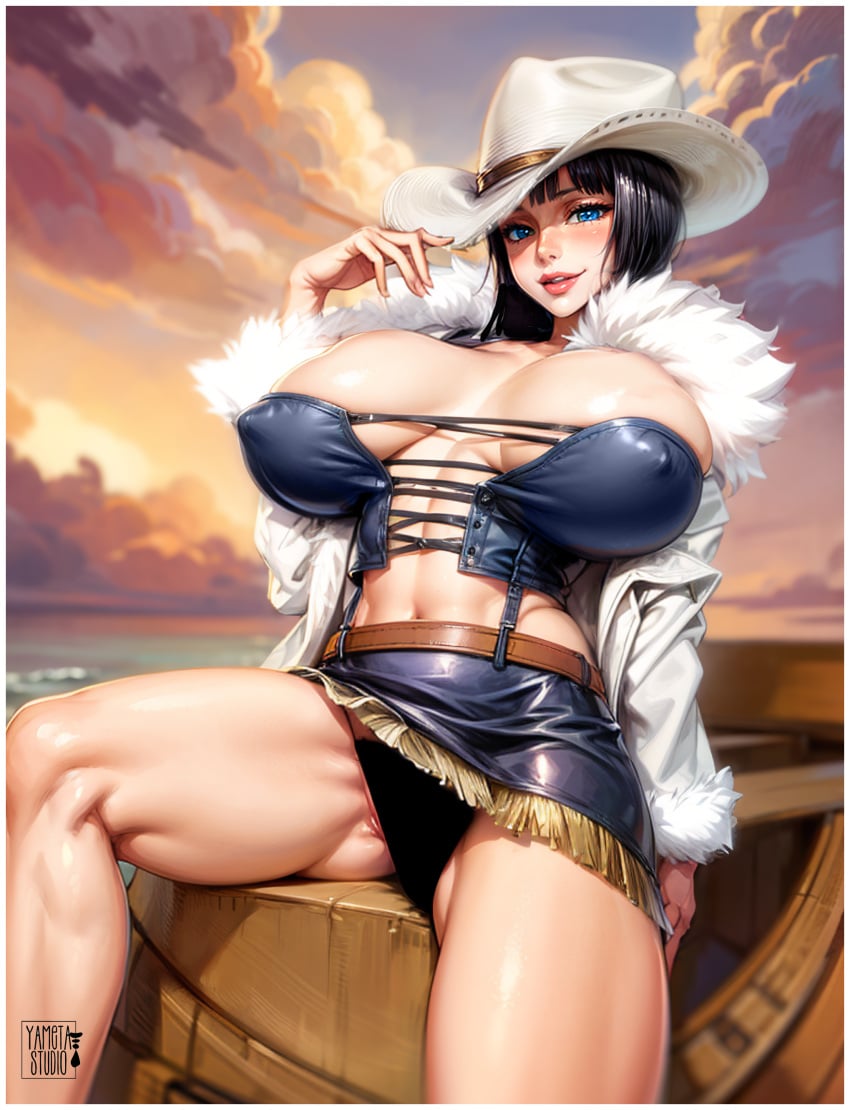 1girls ai_generated background bewitching_thighs big_breasts black_hair blue_eyes cleavage cowgirl fanart female female_only fur hi_res high_resolution landscape large_breasts looking_at_viewer miss_all_sunday narrow_waist nico_robin one_piece panties pirate pose posing posing_for_picture posing_for_the_viewer seductive seductive_eyes seductive_look seductive_smile short_hair skirt stable_diffusion thigh_highs thighs yametastudio